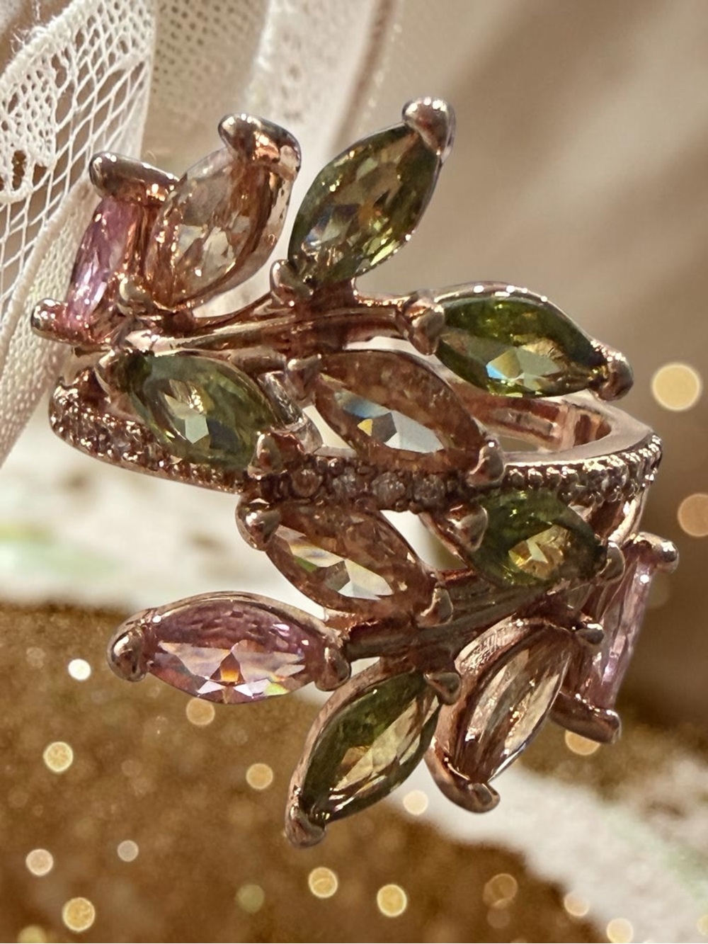 Rose Gold Multi-Stone Leaf Cocktail Ring